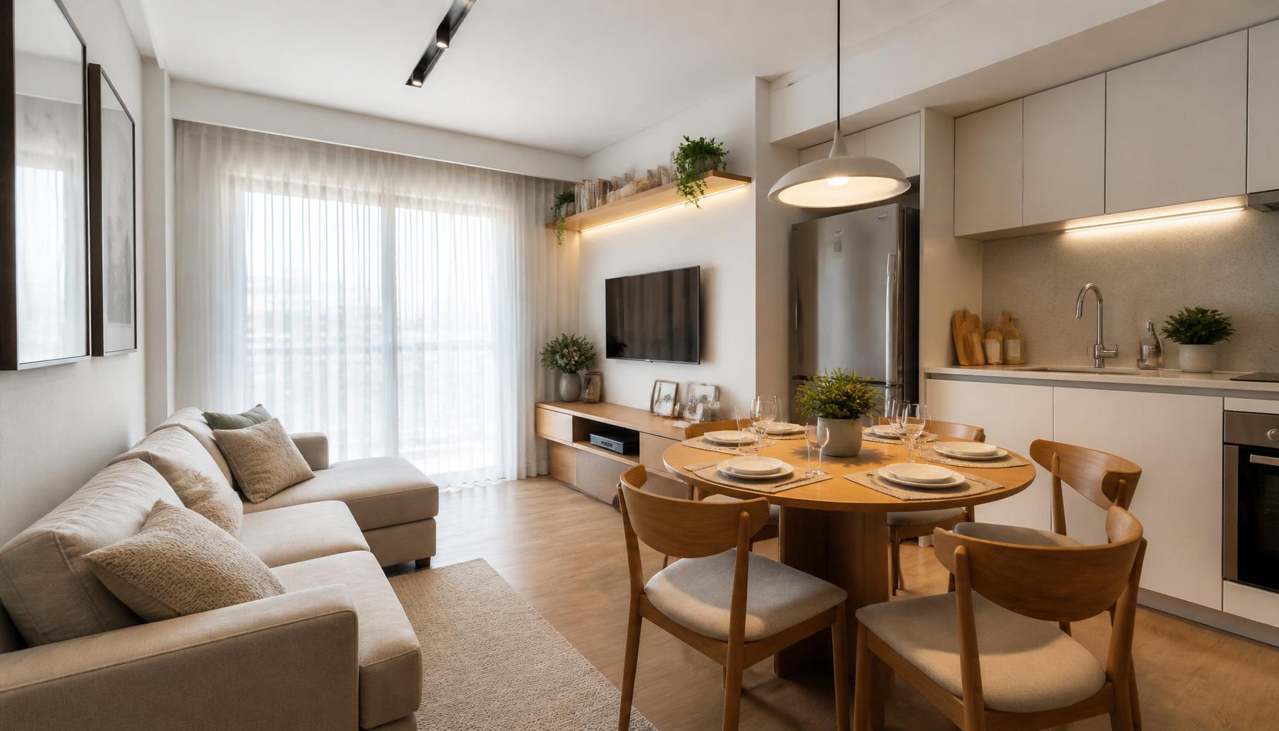 Sala integrada com cozinha de apartamento compacto contemporâneo